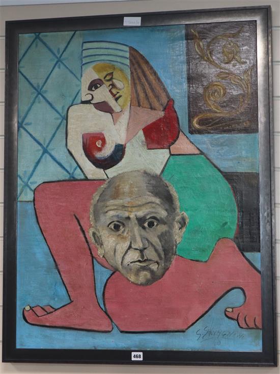 S. Salvagini, oil on canvas, Homage to Picasso, signed and dated 68, 91 x 70cm